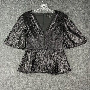 Rachel Zoe Black Sequined Baby Doll Short Sleeve Blouse Size 2 EUC